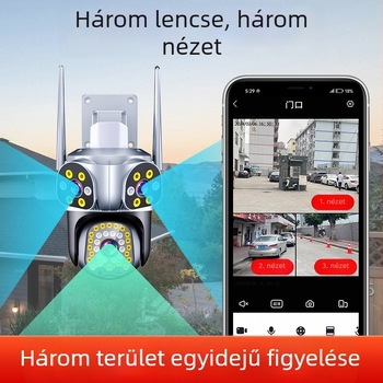 360°-os kültéri vezeték nélküli megfigyelő kamera három lencsével és három nézettel, távoli hozzáférés okostelefról HD-ben