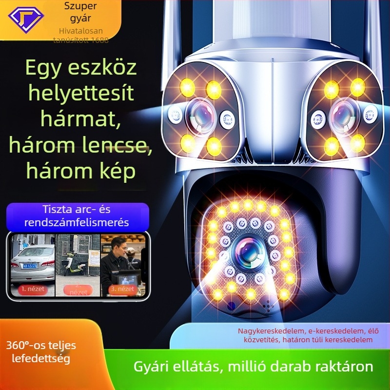 360°-os kültéri vezeték nélküli megfigyelő kamera három lencsével és három nézettel, távoli hozzáférés okostelefról HD-ben