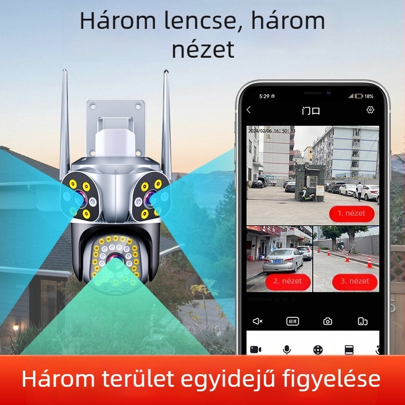360°-os kültéri vezeték nélküli megfigyelő kamera három lencsével és három nézettel, távoli hozzáférés okostelefról HD-ben