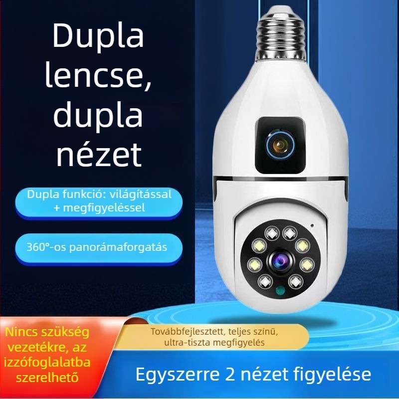Vezeték nélküli WiFi kamera színes HD éjszakai látással, kettős objektív, E27-es foglalat – fúrás nélkül