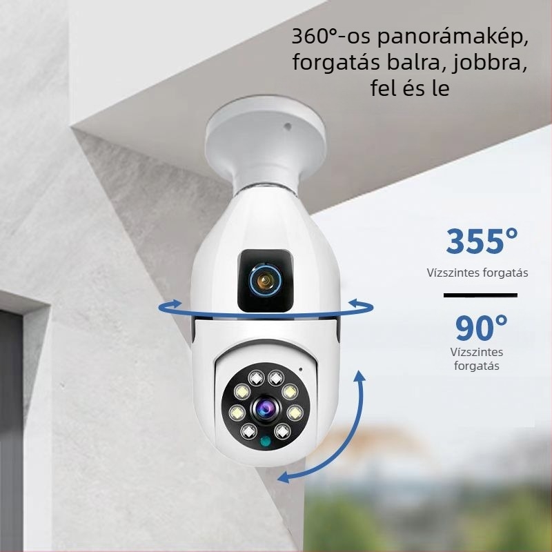 Vezeték nélküli WiFi kamera színes HD éjszakai látással, kettős objektív, E27-es foglalat – fúrás nélkül