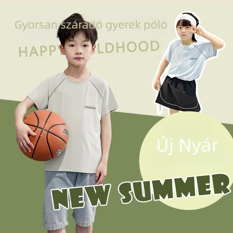 Gyermekek rövid ujjú, gyorsan száradó felső, uniszex, nyár 2026, egyszínű, kerek nyakú, 100–140 cm, 3–8 éves