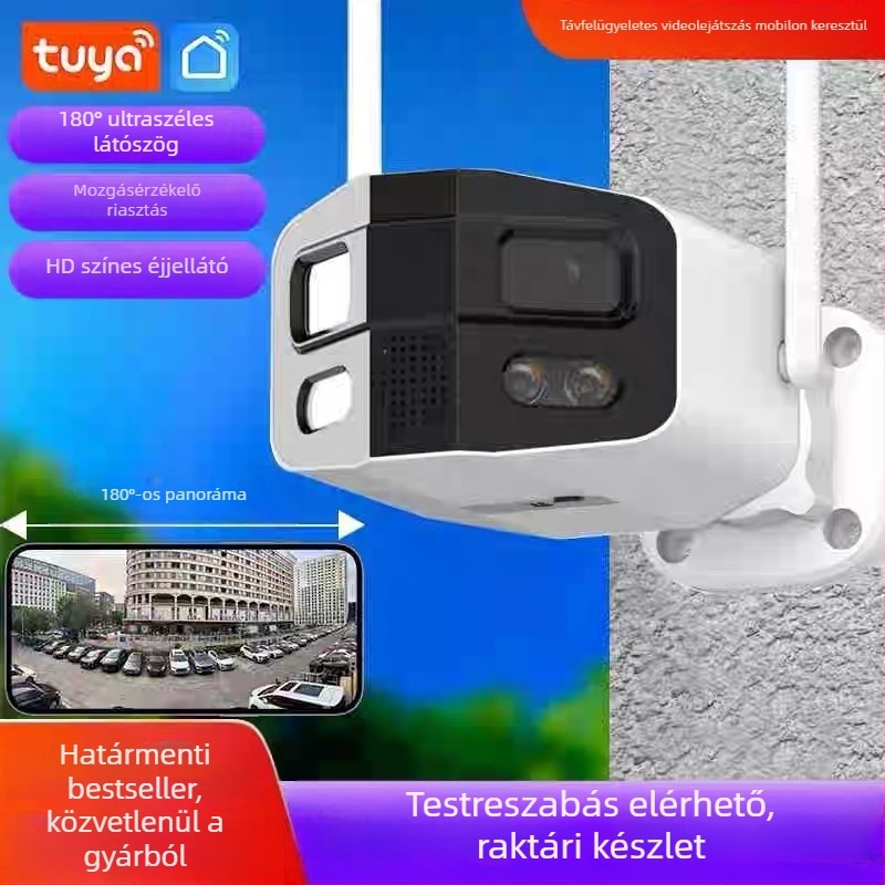 Tuya 180°-os panoráma éjjellátó kamera kültéri használatra, IP66 vízálló, távoli megfigyelés