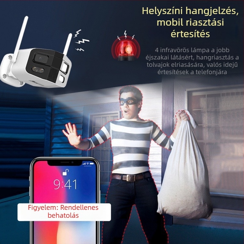 Tuya 180°-os panoráma éjjellátó kamera kültéri használatra, IP66 vízálló, távoli megfigyelés