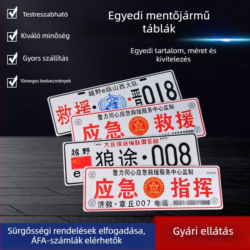 Sürgősségi járművekhez készült reflexiós jelzők, gravírozott névtáblák és útparancs-jelzések