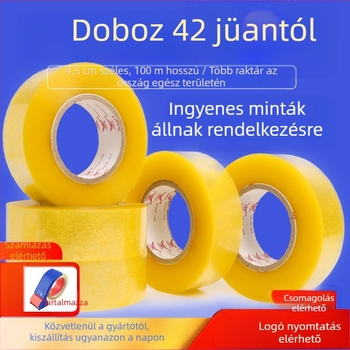 Átlátszó csomagoló ragasztószalag, sárga záró szalag csomagoláshoz, vízbázisú ragasztó, szélesség 4,2 cm, hossz 100 m