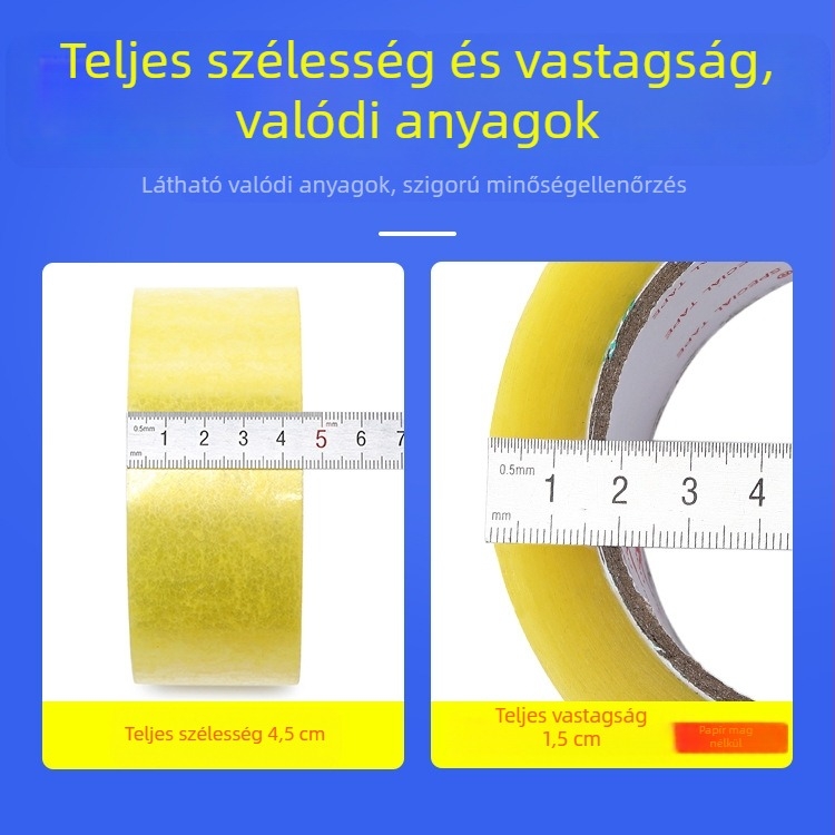 Átlátszó csomagoló ragasztószalag, sárga záró szalag csomagoláshoz, vízbázisú ragasztó, szélesség 4,2 cm, hossz 100 m