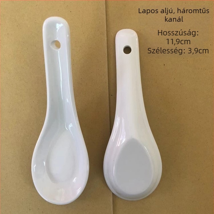 Gyermekeknek szánt kerámia kanál három görbülettel, illeszkedő leveskanállal, 11,7 cm