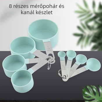 8 darabos műanyag mérőkanál és mérőedény készlet skálával, tartalmaz kávéskanalat és állítható konyhai fűszerkanál