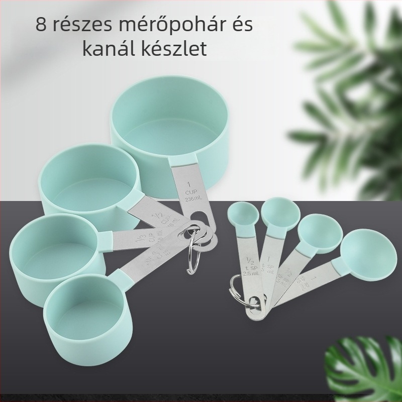 8 darabos műanyag mérőkanál és mérőedény készlet skálával, tartalmaz kávéskanalat és állítható konyhai fűszerkanál