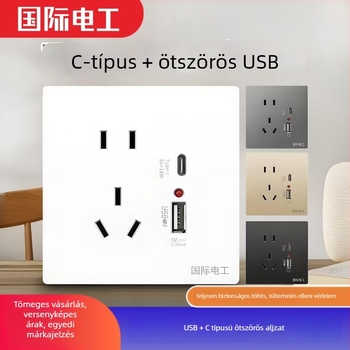 Beépített falipanel 86-os típusú kapcsoló- és aljzat, öt csatlakozóval, két USB gyors töltéssel