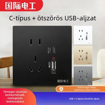 Beépített falipanel 86-os típusú kapcsoló- és aljzat, öt csatlakozóval, két USB gyors töltéssel