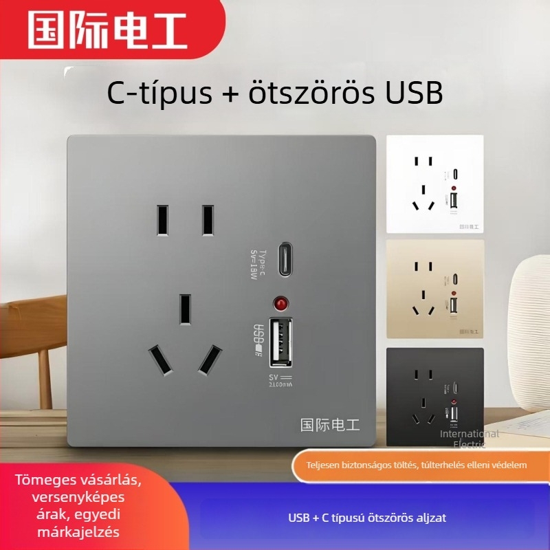 Beépített falipanel 86-os típusú kapcsoló- és aljzat, öt csatlakozóval, két USB gyors töltéssel