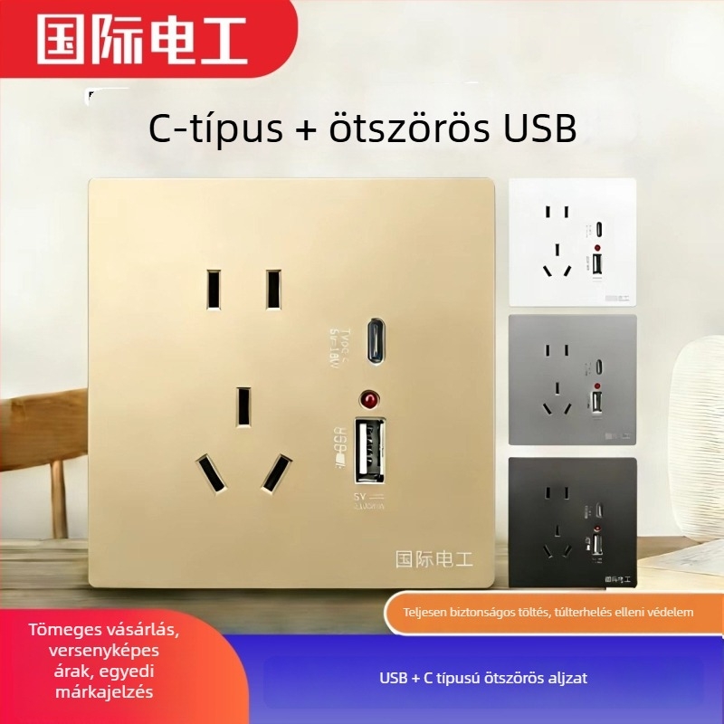 Beépített falipanel 86-os típusú kapcsoló- és aljzat, öt csatlakozóval, két USB gyors töltéssel