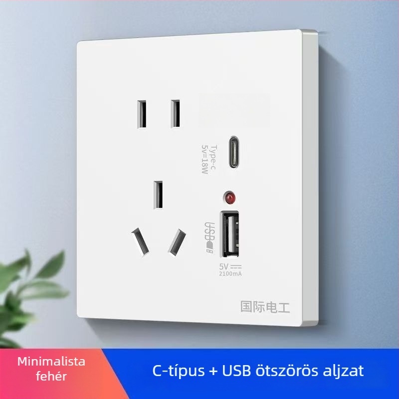 Beépített falipanel 86-os típusú kapcsoló- és aljzat, öt csatlakozóval, két USB gyors töltéssel