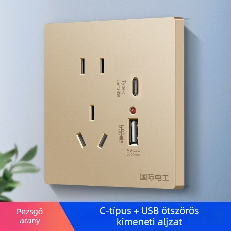 Beépített falipanel 86-os típusú kapcsoló- és aljzat, öt csatlakozóval, két USB gyors töltéssel