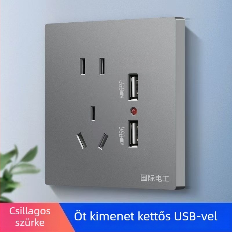Beépített falipanel 86-os típusú kapcsoló- és aljzat, öt csatlakozóval, két USB gyors töltéssel