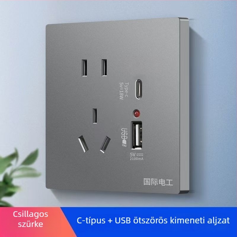 Beépített falipanel 86-os típusú kapcsoló- és aljzat, öt csatlakozóval, két USB gyors töltéssel