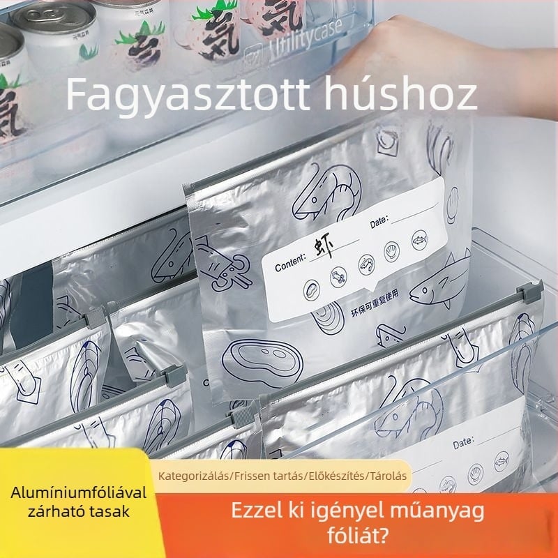 Alumíniumfóliás tároló tasakok, zárhatóak, frissesség megőrzésére, hűtő- és fagyasztóba való, mikrohullámú sütőben is alkalmas, 10 darabos készlet