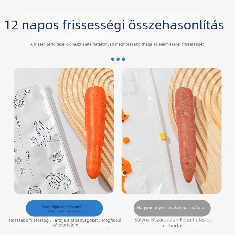 Alumíniumfóliás tároló tasakok, zárhatóak, frissesség megőrzésére, hűtő- és fagyasztóba való, mikrohullámú sütőben is alkalmas, 10 darabos készlet