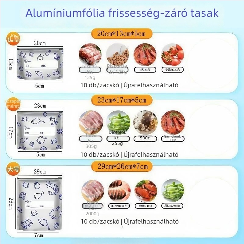 Alumíniumfóliás tároló tasakok, zárhatóak, frissesség megőrzésére, hűtő- és fagyasztóba való, mikrohullámú sütőben is alkalmas, 10 darabos készlet