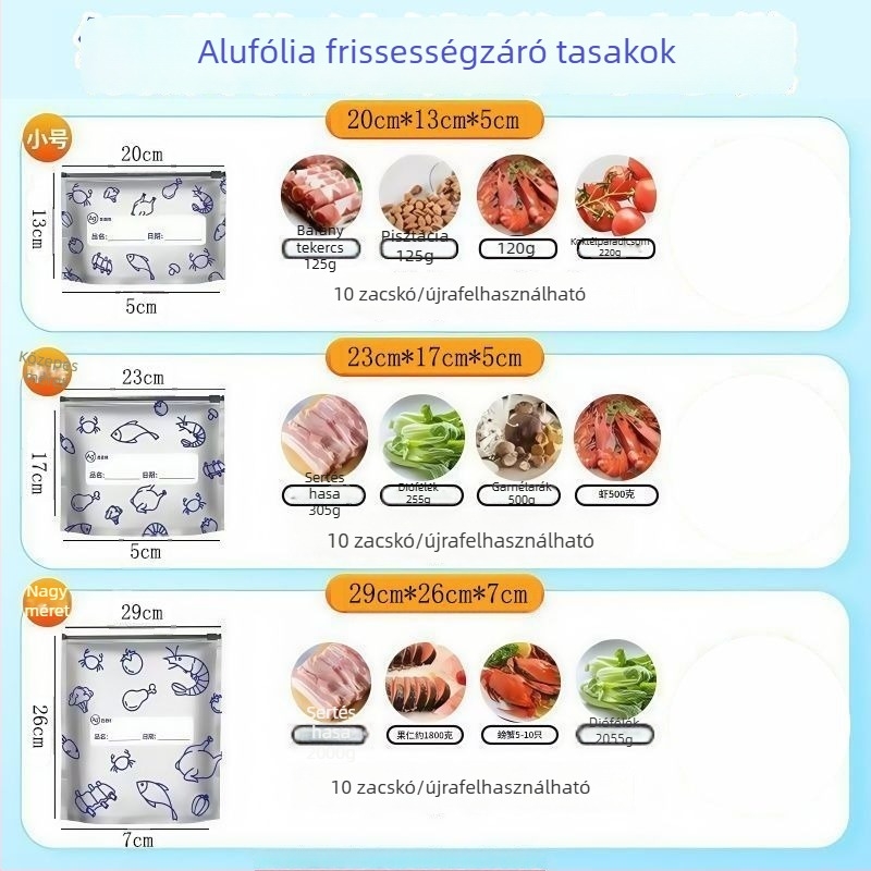 Alumíniumfóliás tároló tasakok, zárhatóak, frissesség megőrzésére, hűtő- és fagyasztóba való, mikrohullámú sütőben is alkalmas, 10 darabos készlet
