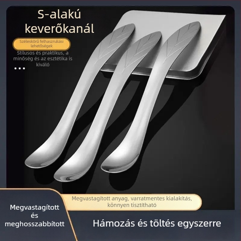 Megvastagodott, hosszú nyeletű S-alakú keverőkanál, többfunkciós töltőkanál knédli töltelékhez, alkalmas sütésre, tejes teához, kávéhoz és fagylalt mellé.
