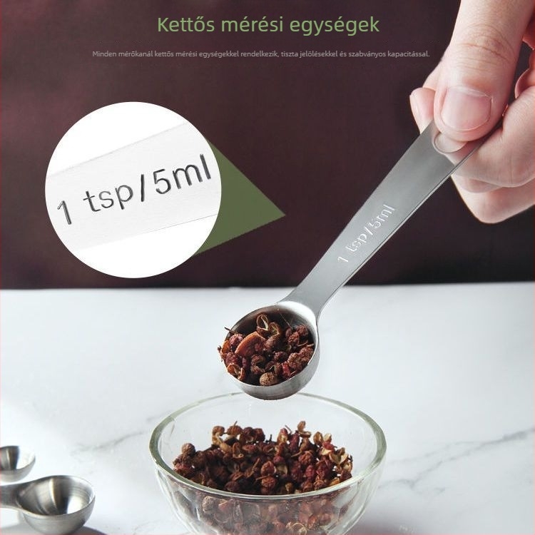 6 darabos mérőkanál készlet, 304 rozsdamentes acélból, beosztással, sütéshez és fűszerezéshez