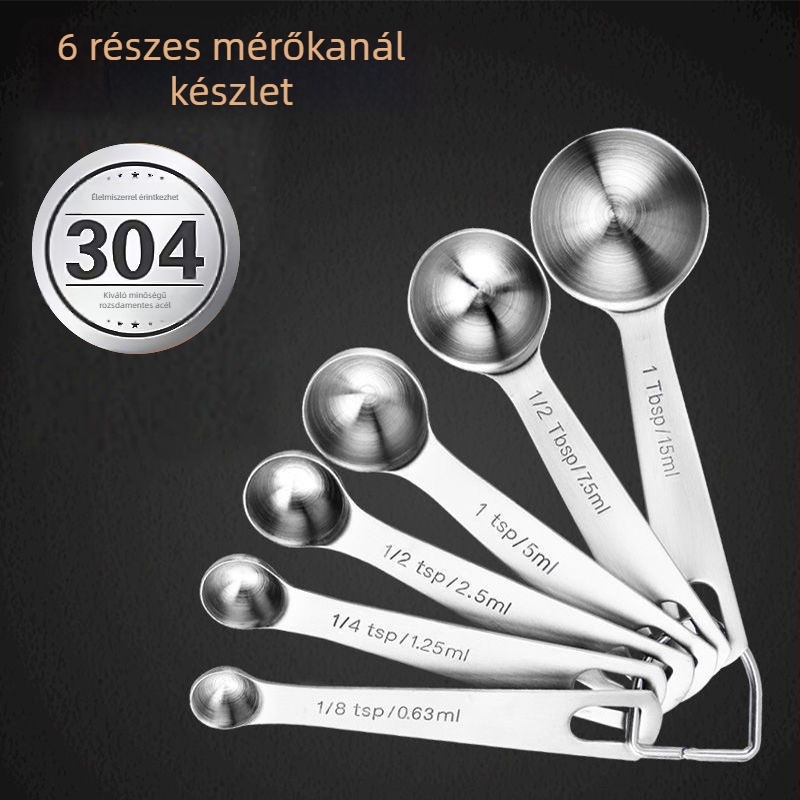 6 darabos mérőkanál készlet, 304 rozsdamentes acélból, beosztással, sütéshez és fűszerezéshez