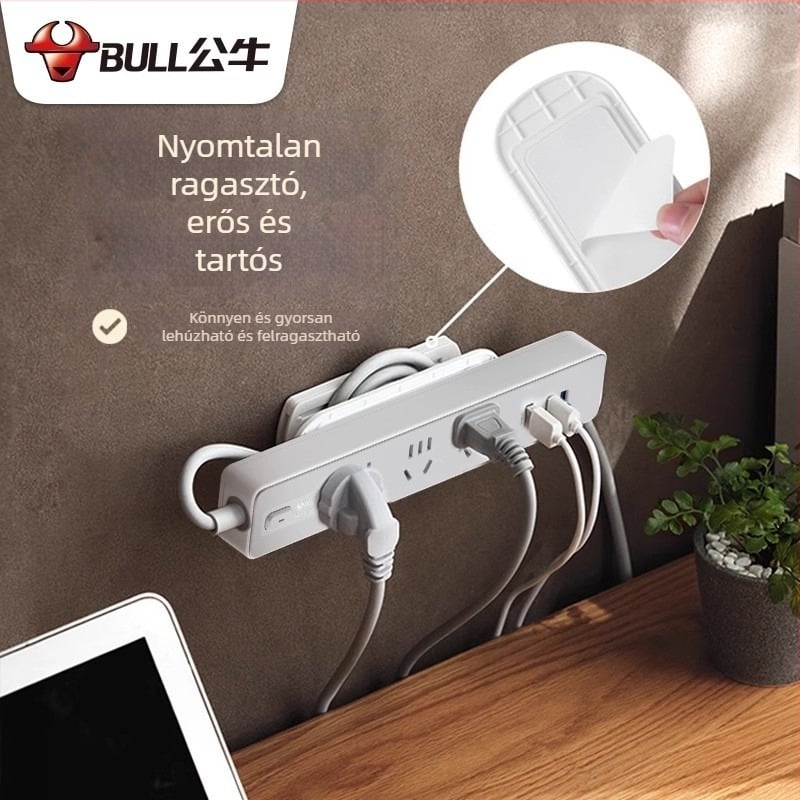 Bull új nemzeti szabvány szerinti hosszabbító, USB-porttal, több aljzattal, kompakt kábelrendező