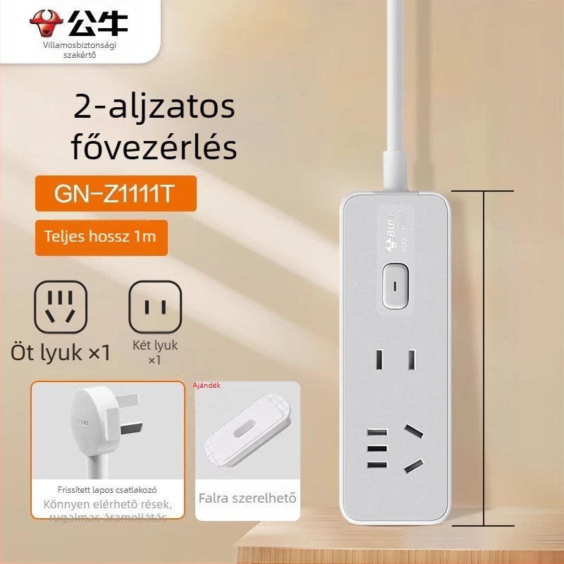 Bull új nemzeti szabvány szerinti hosszabbító, USB-porttal, több aljzattal, kompakt kábelrendező