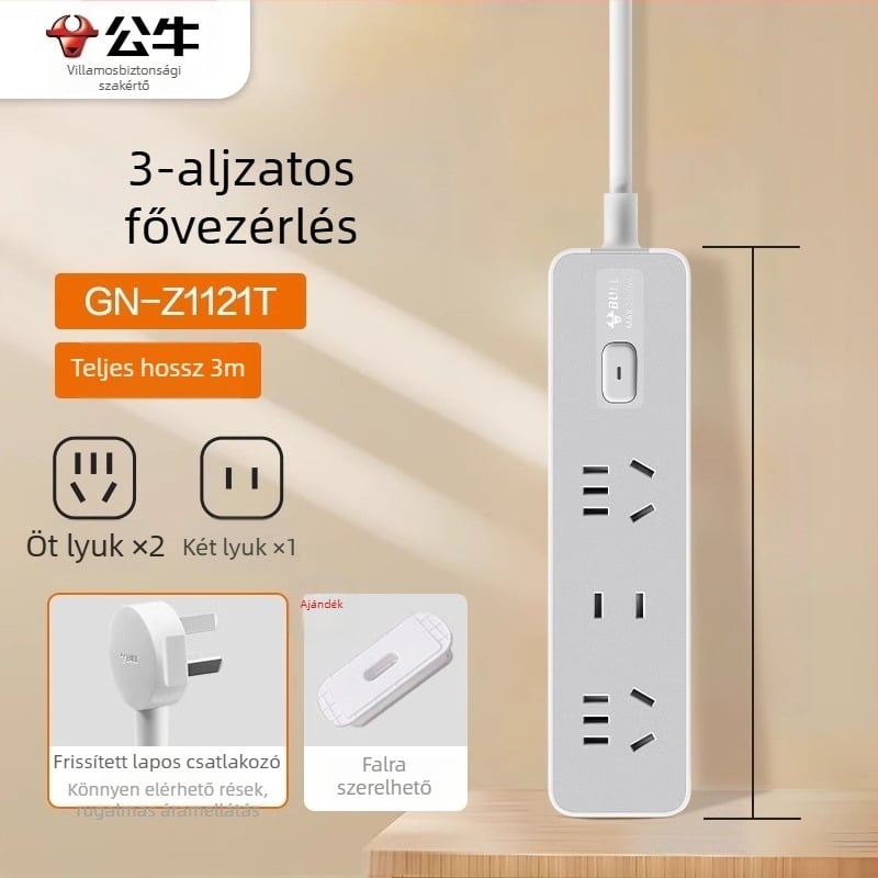 Bull új nemzeti szabvány szerinti hosszabbító, USB-porttal, több aljzattal, kompakt kábelrendező
