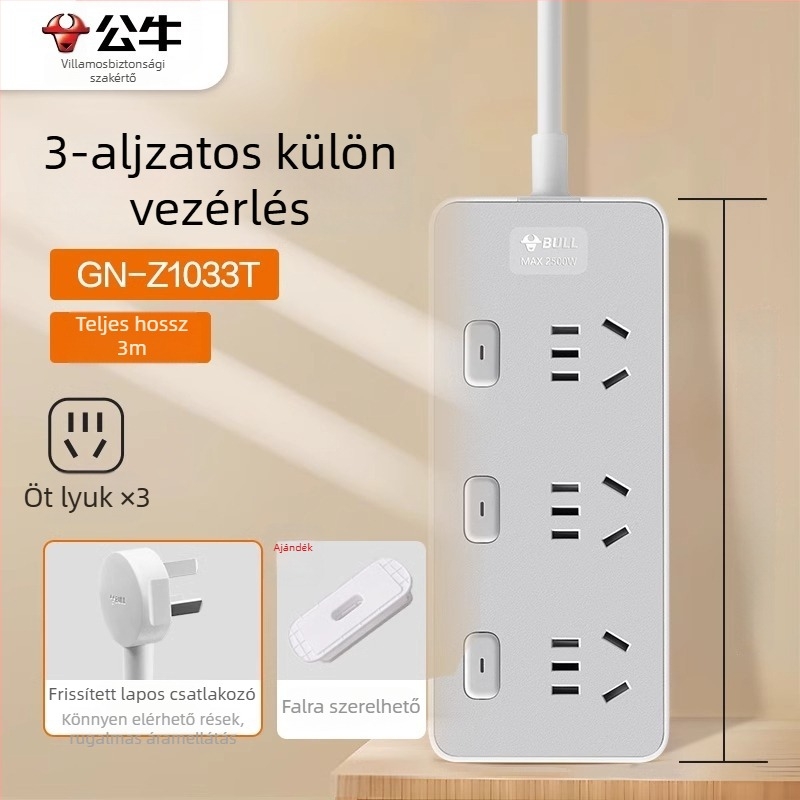 Bull új nemzeti szabvány szerinti hosszabbító, USB-porttal, több aljzattal, kompakt kábelrendező
