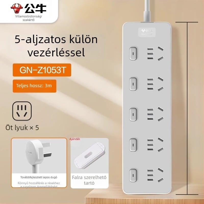 Bull új nemzeti szabvány szerinti hosszabbító, USB-porttal, több aljzattal, kompakt kábelrendező