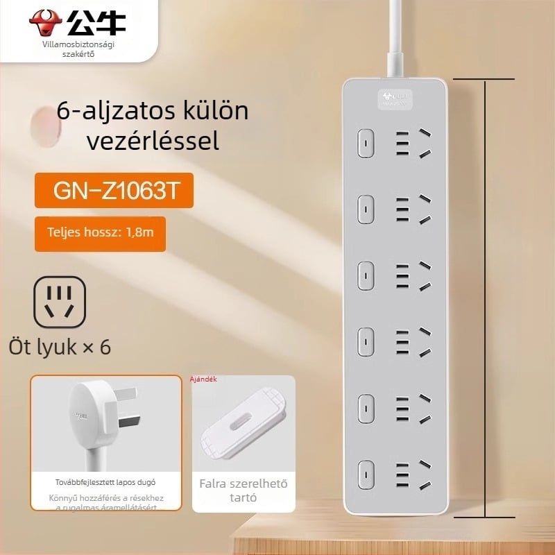 Bull új nemzeti szabvány szerinti hosszabbító, USB-porttal, több aljzattal, kompakt kábelrendező