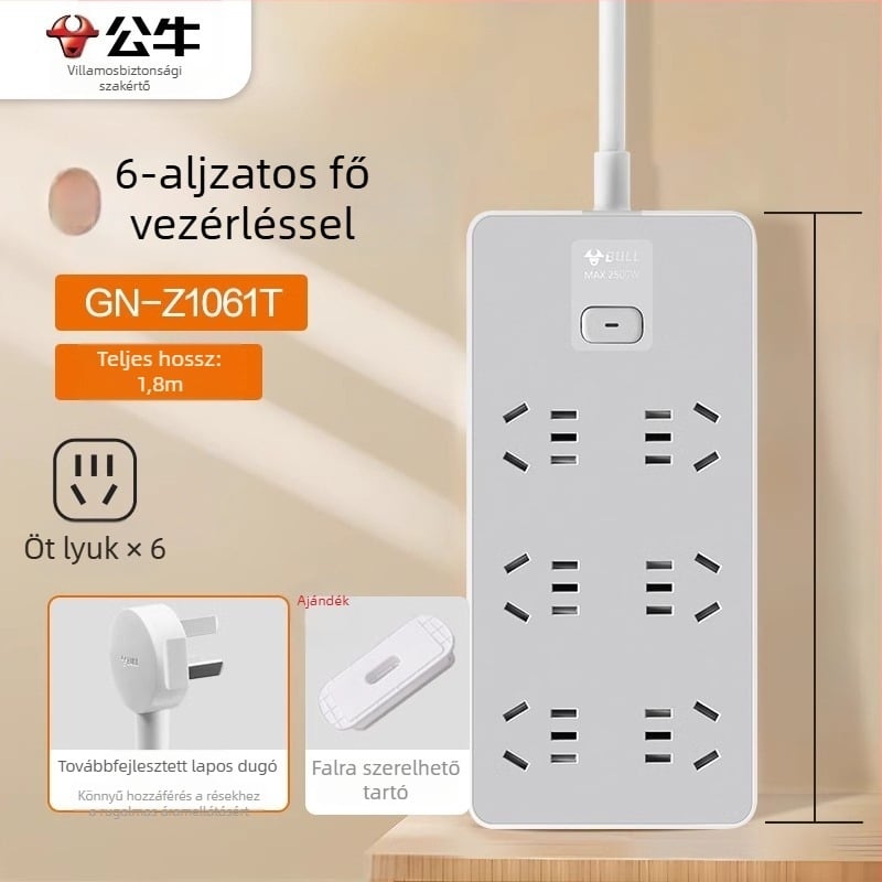 Bull új nemzeti szabvány szerinti hosszabbító, USB-porttal, több aljzattal, kompakt kábelrendező