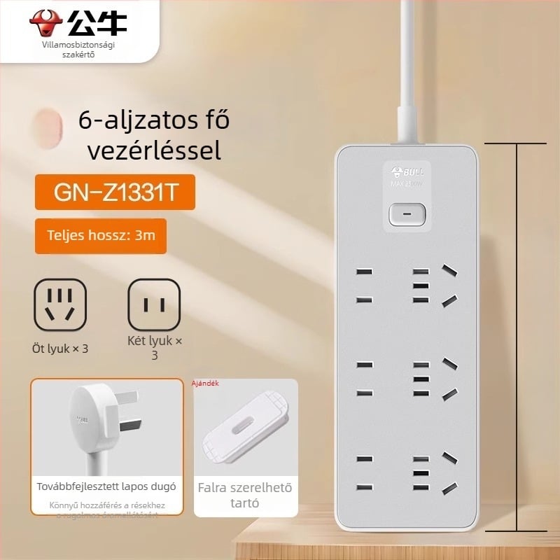 Bull új nemzeti szabvány szerinti hosszabbító, USB-porttal, több aljzattal, kompakt kábelrendező