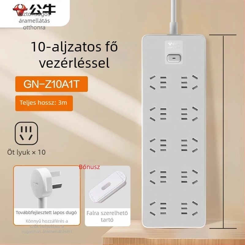 Bull új nemzeti szabvány szerinti hosszabbító, USB-porttal, több aljzattal, kompakt kábelrendező