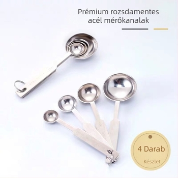Rozsdamentes acélból készült négy darabos mérőkanál készlet a konyhához – gramm skála, mérés tej-tea, sütés és só