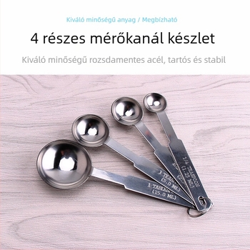 Rozsdamentes acélból készült négy darabos mérőkanál készlet a konyhához – gramm skála, mérés tej-tea, sütés és só