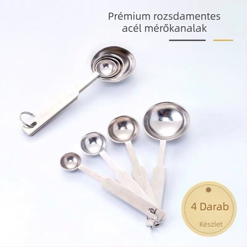Rozsdamentes acélból készült négy darabos mérőkanál készlet a konyhához – gramm skála, mérés tej-tea, sütés és só