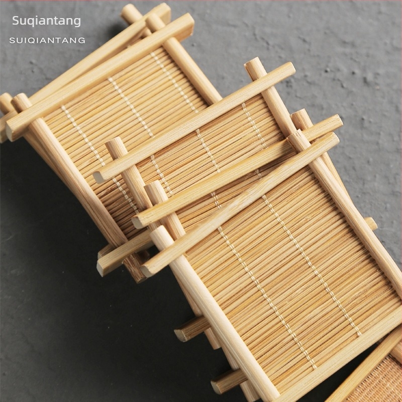 Sui Qiantang bambusz teás pohár alátét – négyszögletes hálós mintázat, bambusz szövés, 70×70 mm, japán stílus