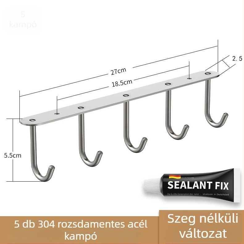304 rozsdamentes acélból készült szekrényhez rögzíthető akasztó, hosszú sorban elhelyezett pohárfogók