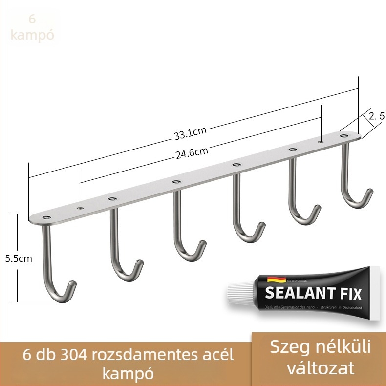 304 rozsdamentes acélból készült szekrényhez rögzíthető akasztó, hosszú sorban elhelyezett pohárfogók