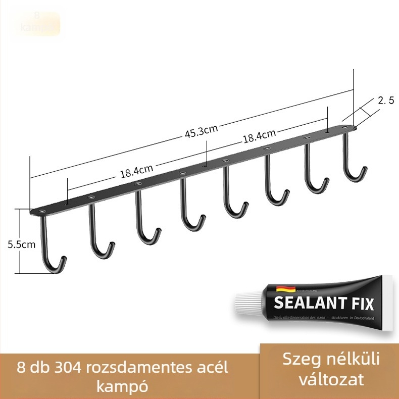 304 rozsdamentes acélból készült szekrényhez rögzíthető akasztó, hosszú sorban elhelyezett pohárfogók