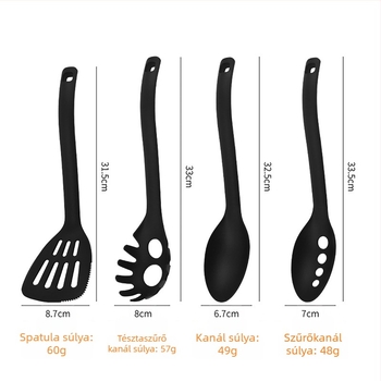 Nylon konyhai eszközök, hőálló készlet, négy darab: tapadásmentes serpenyő, lyukas kanál, leveskanál, tészta-kanál