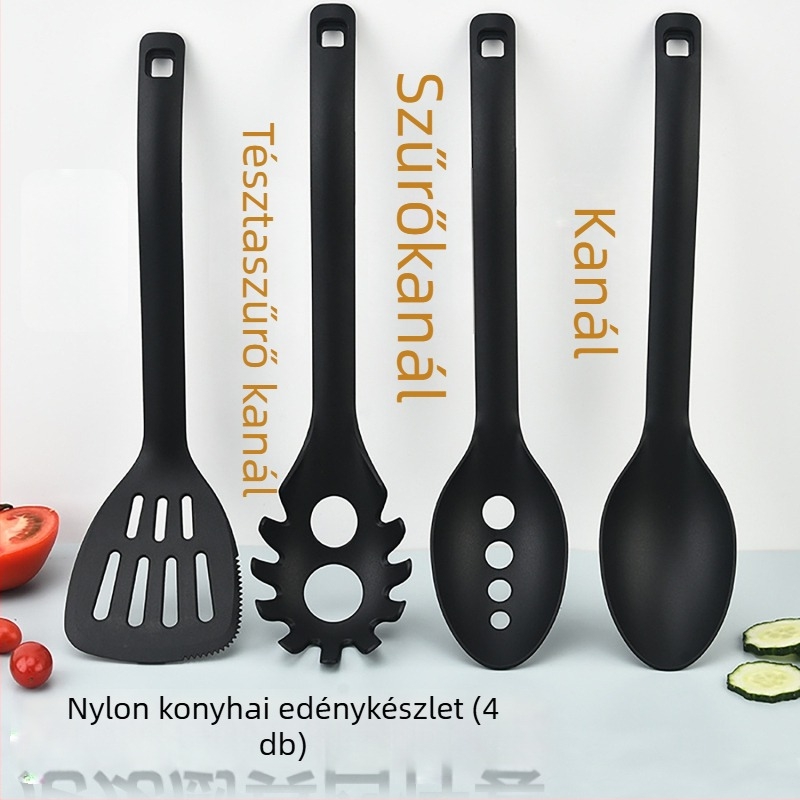 Nylon konyhai eszközök, hőálló készlet, négy darab: tapadásmentes serpenyő, lyukas kanál, leveskanál, tészta-kanál