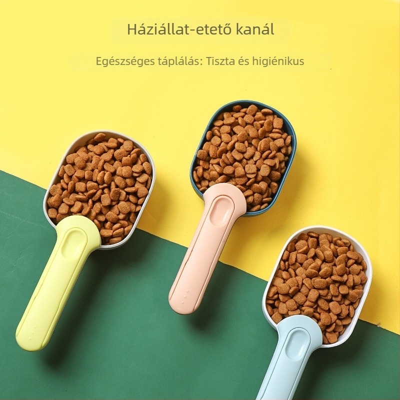 Kutyák és macskák eledeléhez használható kanalas mérőkanál konzervzáró klipppel