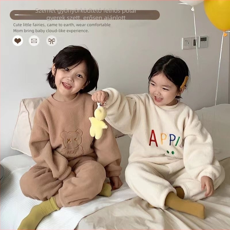 Téli gyerekeknek készült vastag fleece-pizsama szett, koreai stílusú, otthoni viselet, uniszex