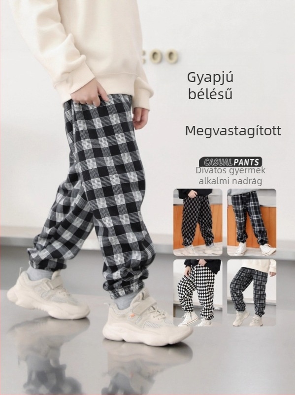 Gyerekeknek készült őszi-téli kockás melegítőnadrág, laza szabású, hosszú, velúr béléssel